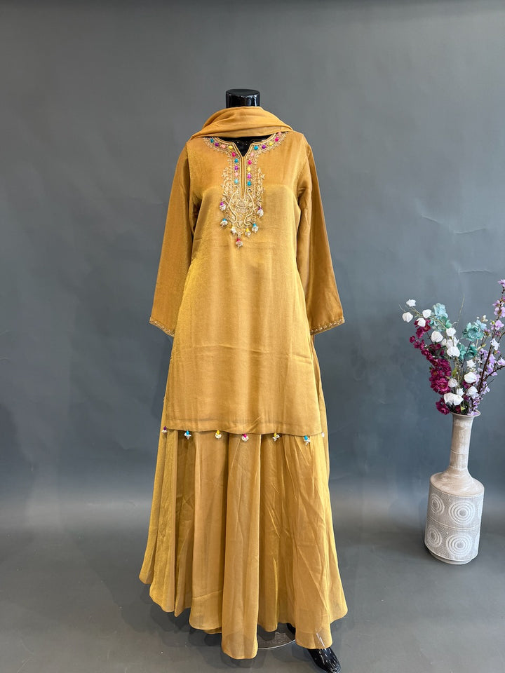 Mustard Gold Tissue Sharara Set