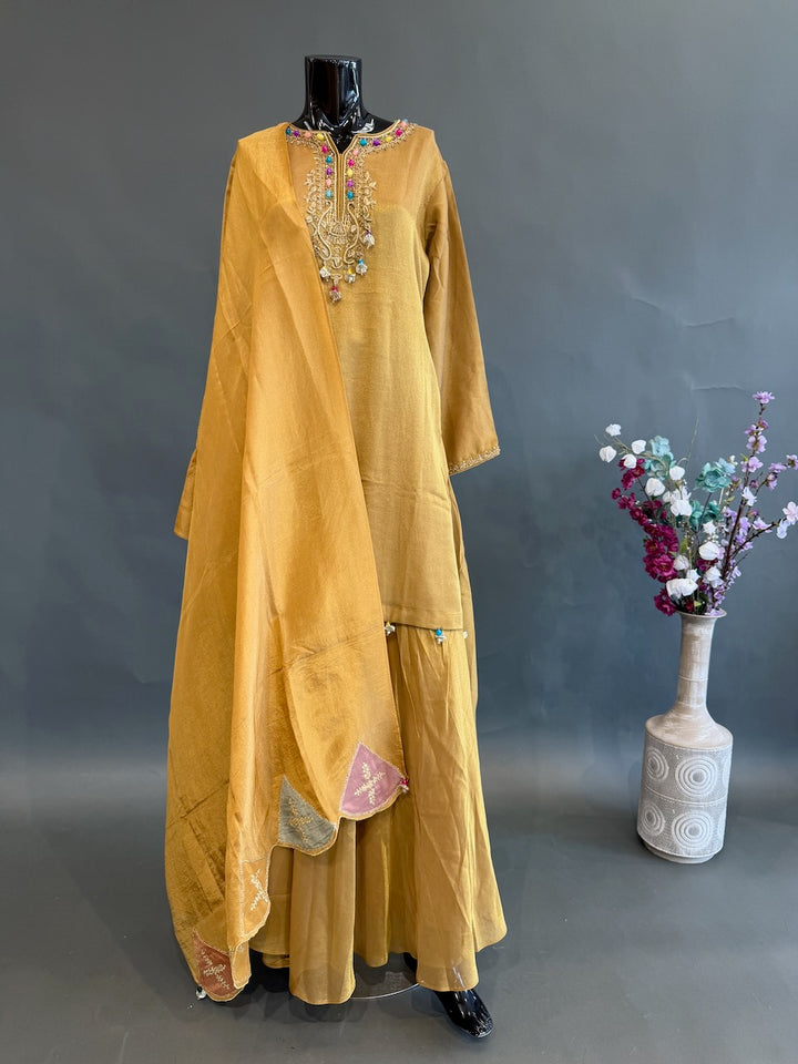 Mustard Gold Tissue Sharara Set