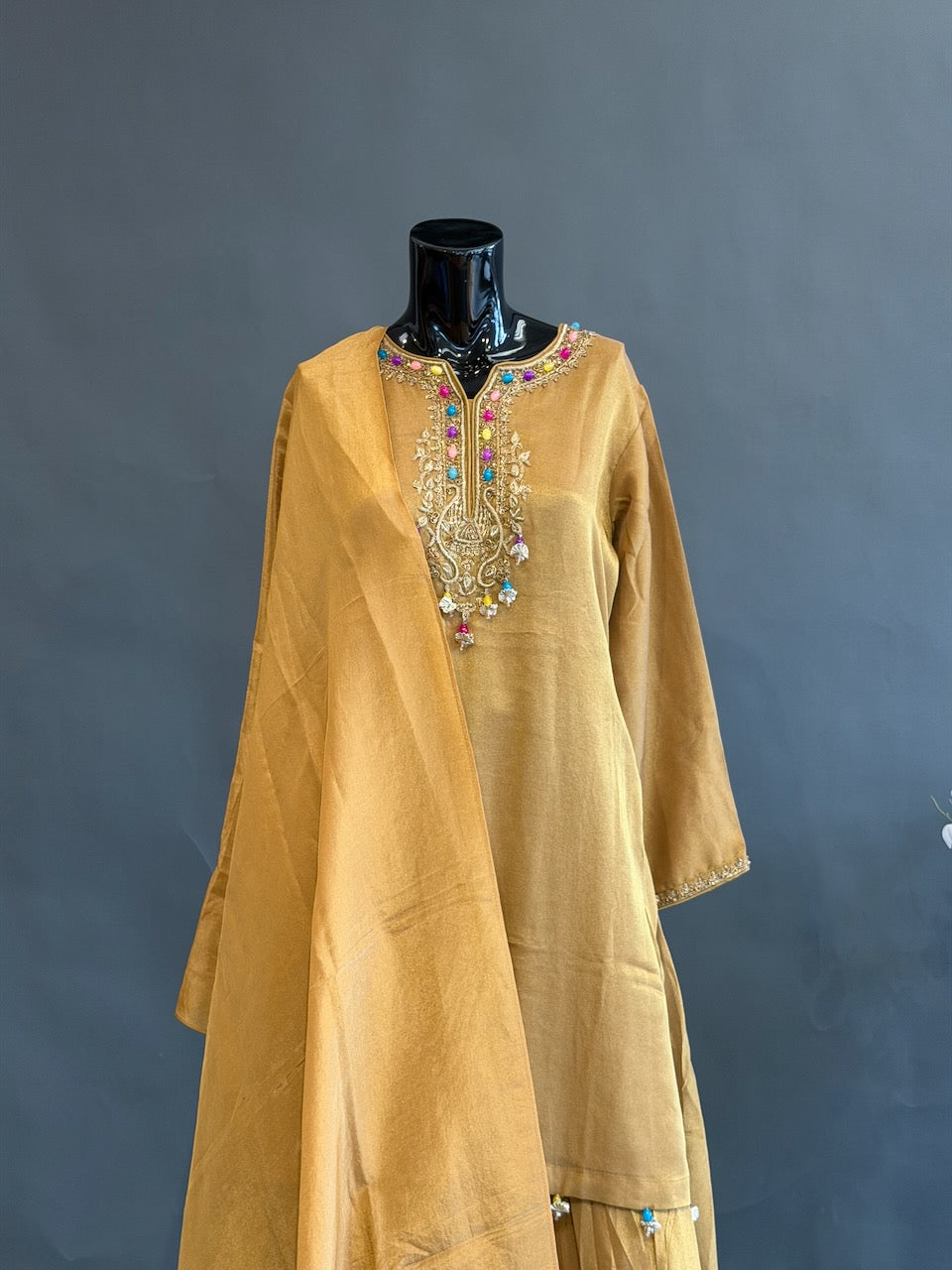 Mustard Gold Tissue Sharara Set