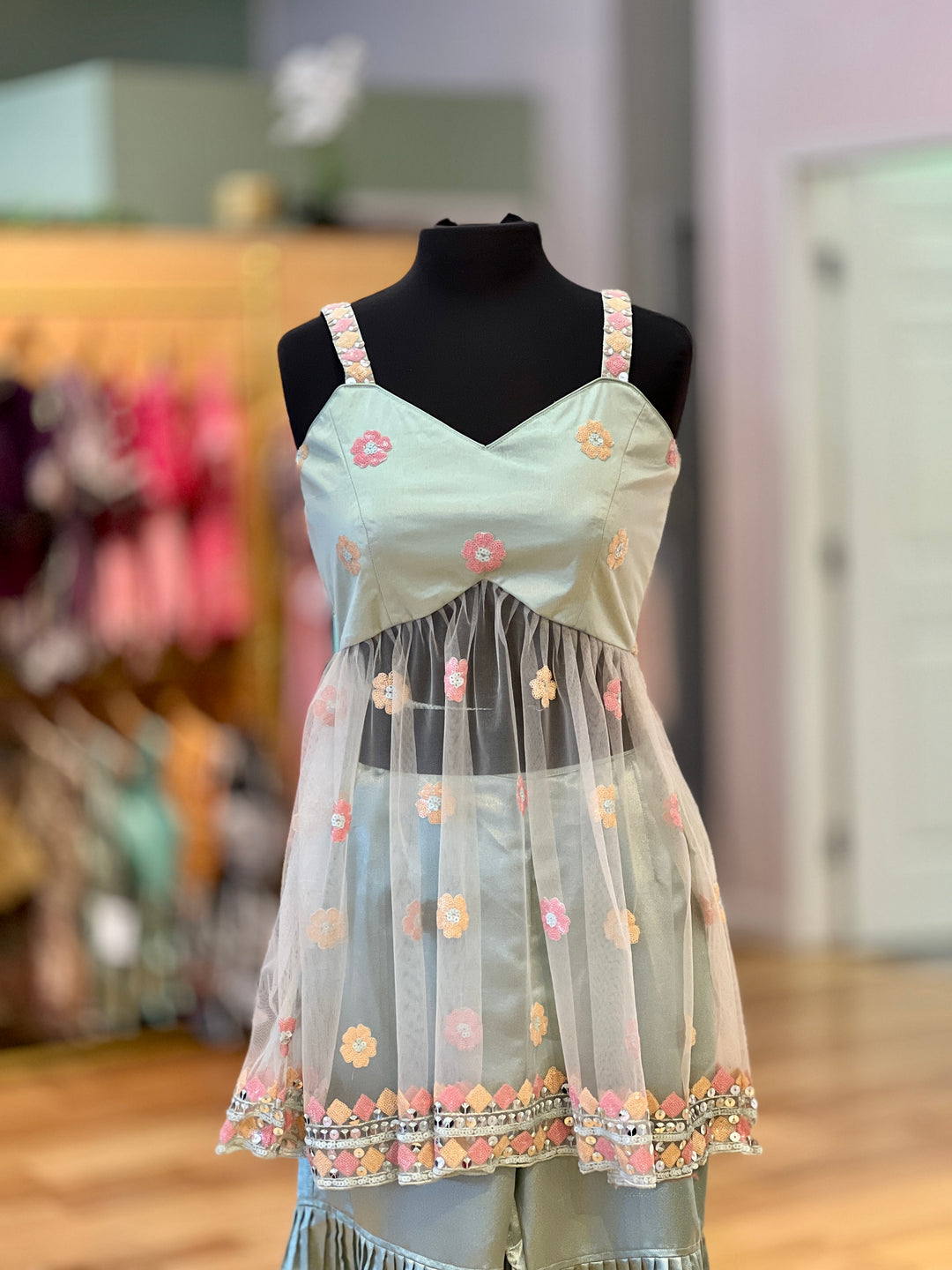 Sage Green Sequins Embroidered Gharara Set With Choker Dupatta