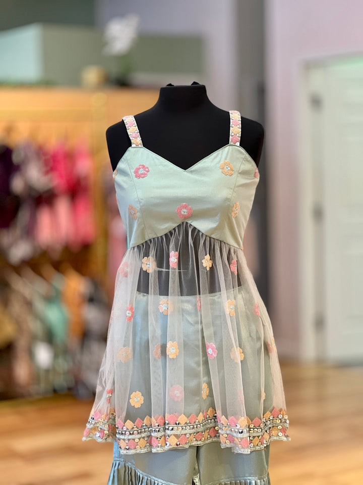 Sage Green Sequins Embroidered Gharara Set With Choker Dupatta