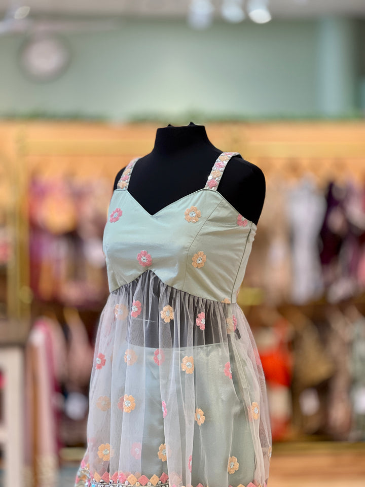 Sage Green Sequins Embroidered Gharara Set With Choker Dupatta