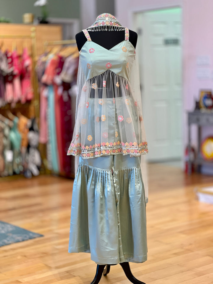 Sage Green Sequins Embroidered Gharara Set With Choker Dupatta