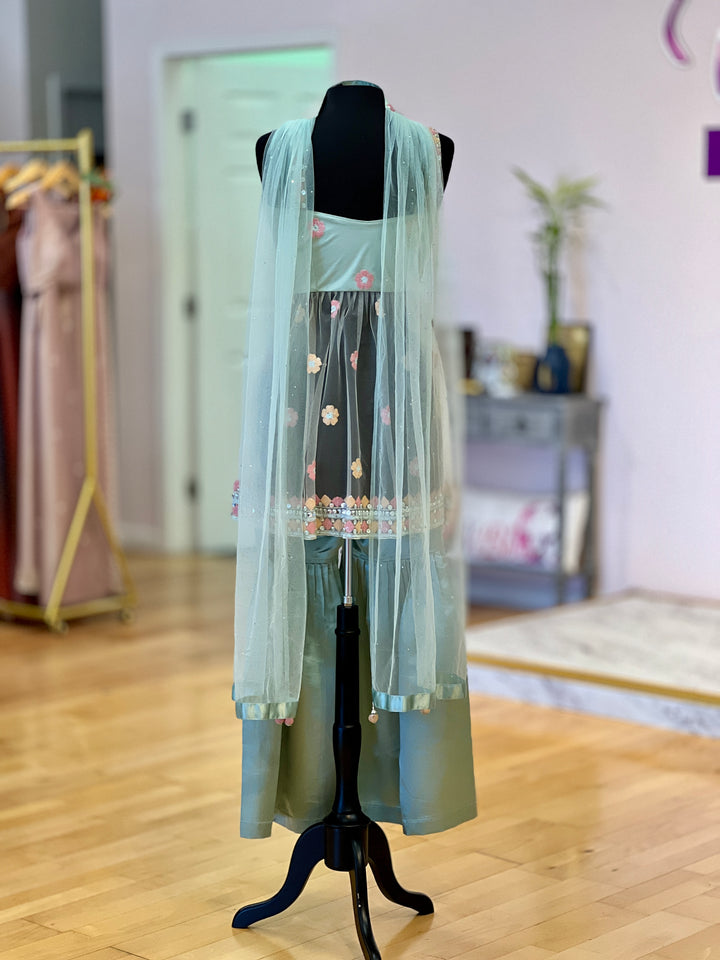 Sage Green Sequins Embroidered Gharara Set With Choker Dupatta