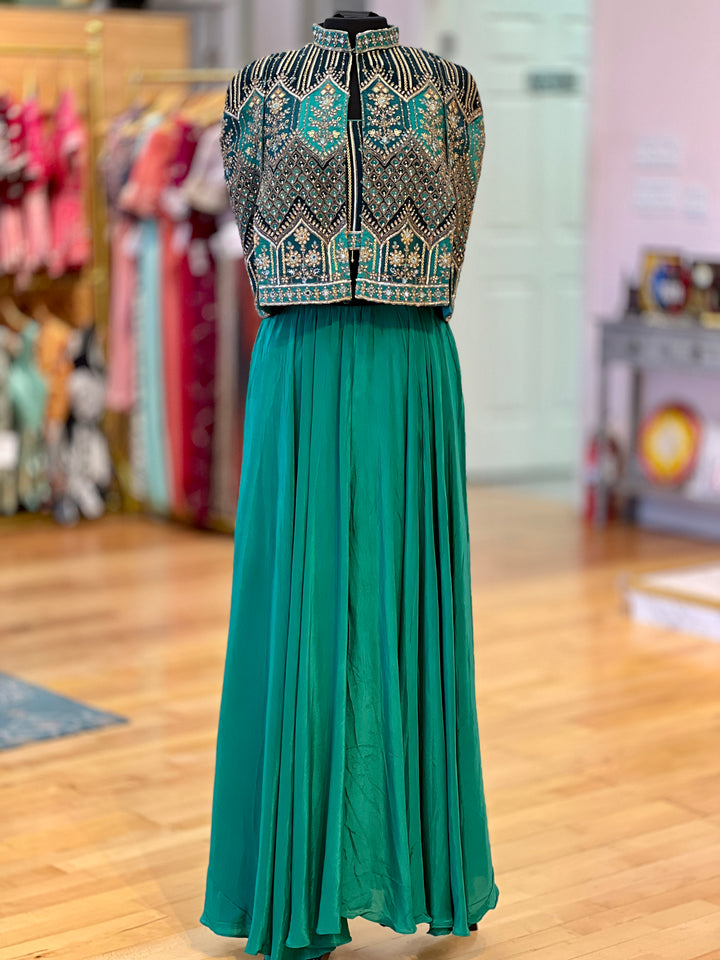 Green Sharara With Embroidered Blouse And Detachable Cape