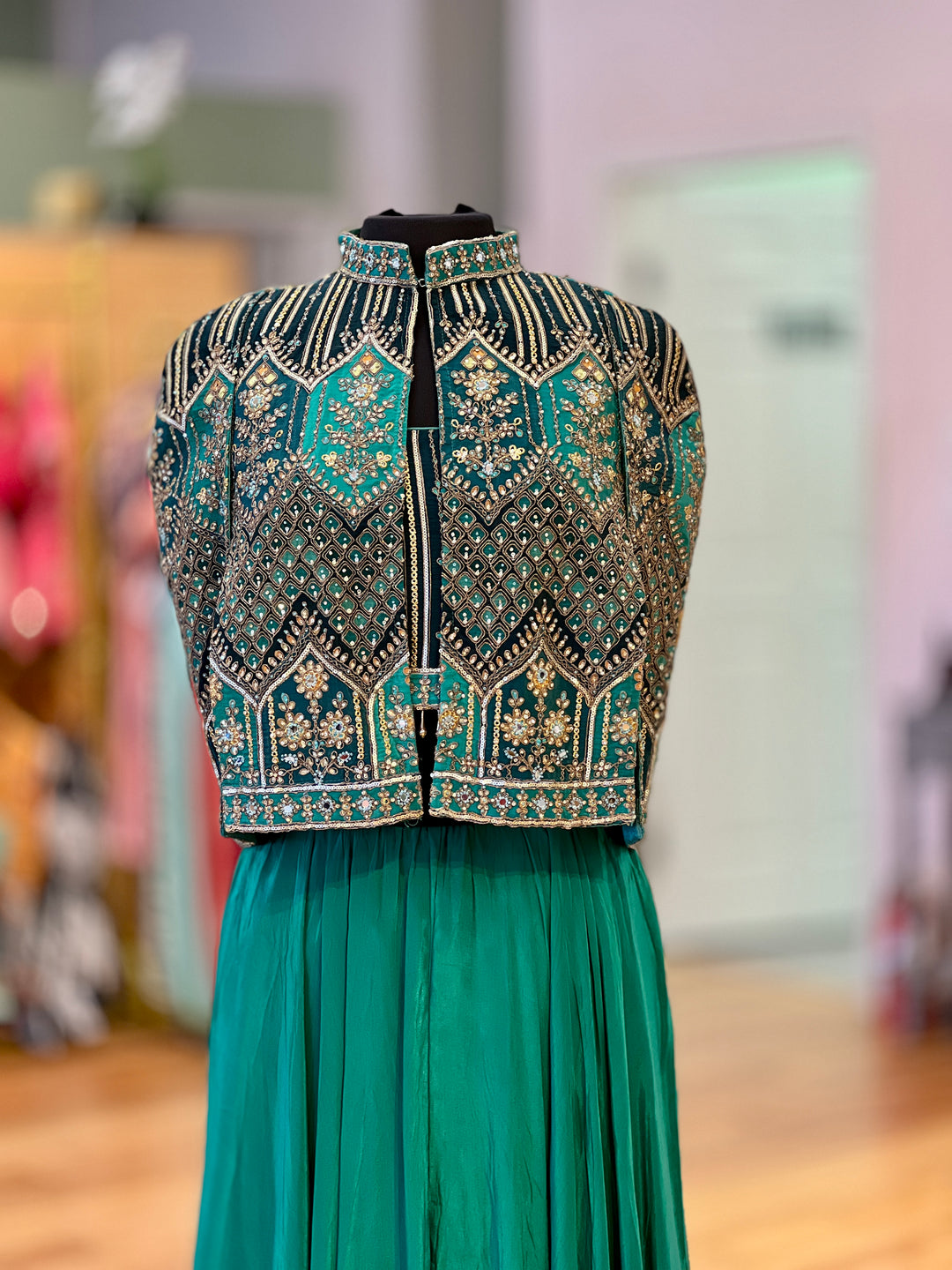 Green Sharara With Embroidered Blouse And Detachable Cape