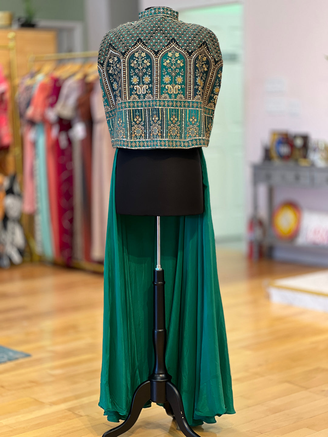 Green Sharara With Embroidered Blouse And Detachable Cape