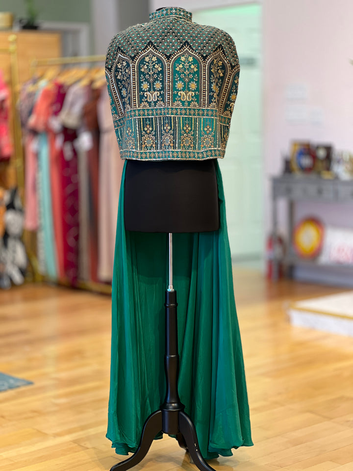 Green Sharara With Embroidered Blouse And Detachable Cape