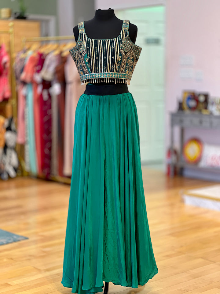 Green Sharara With Embroidered Blouse And Detachable Cape