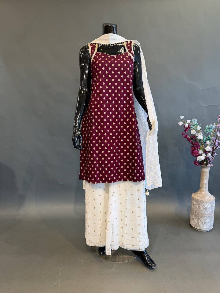 Wine &amp; Ivory Embroidered Sharara Set