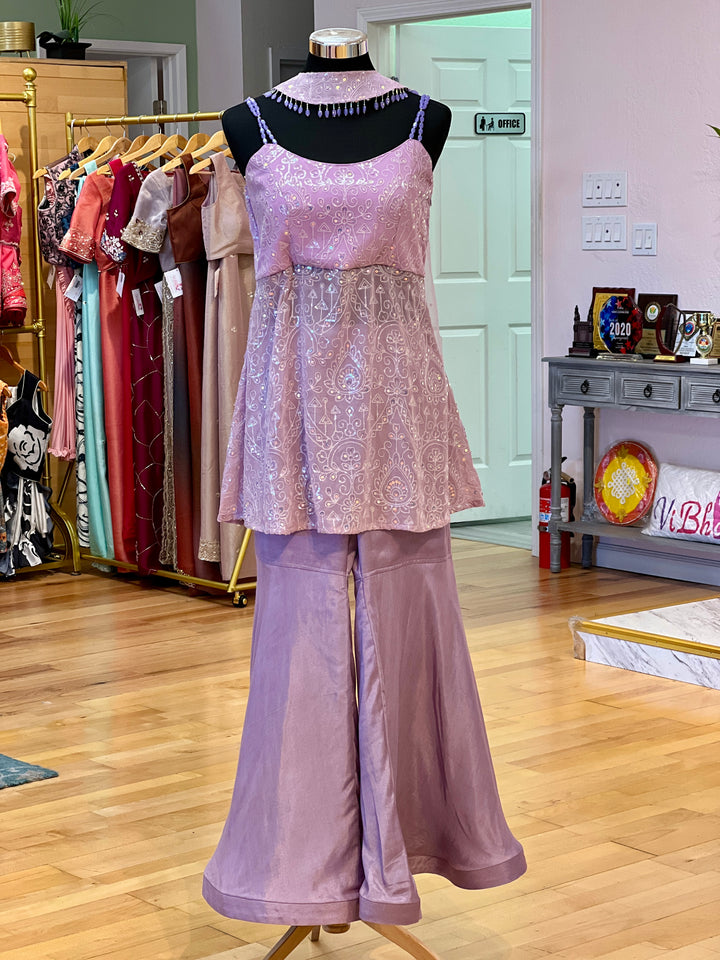 Lavender Sequins Embroidered Gharara Set With Choker Dupatta
