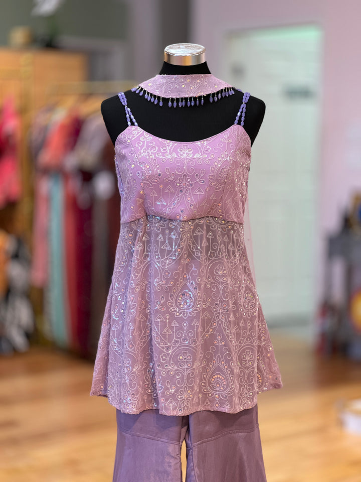 Lavender Sequins Embroidered Gharara Set With Choker Dupatta