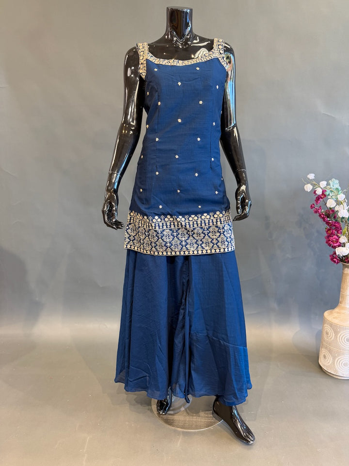 Teal Blue Sleeveless Embroidered Sharara Set