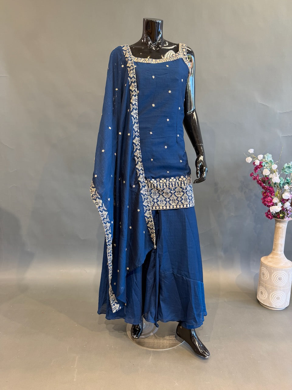 Teal Blue Sleeveless Embroidered Sharara Set