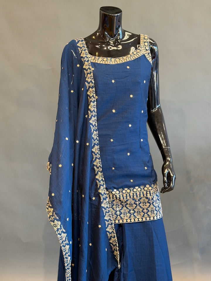 Teal Blue Sleeveless Embroidered Sharara Set