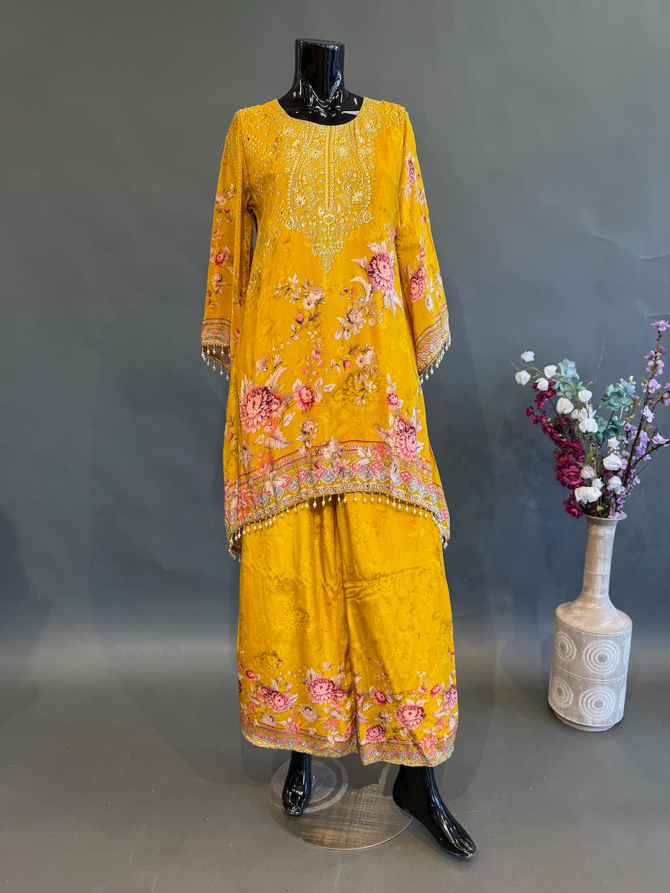 Mustard Yellow Floral Print Bead Embroidered Sharara Set