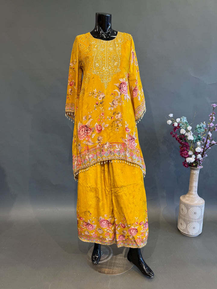 Mustard Yellow Floral Print Bead Embroidered Sharara Set