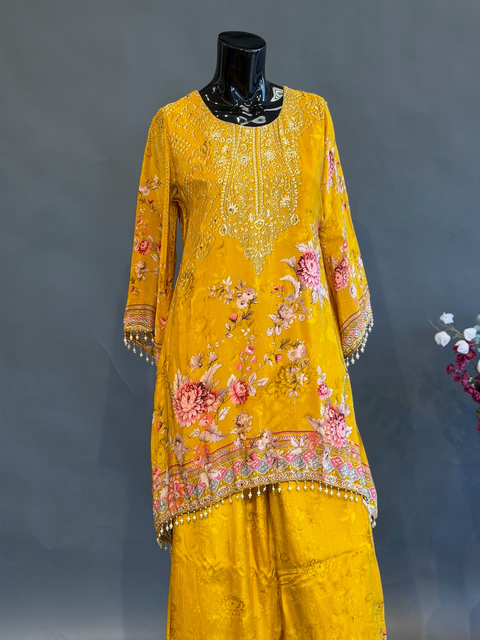 Mustard Yellow Floral Print Bead Embroidered Sharara Set