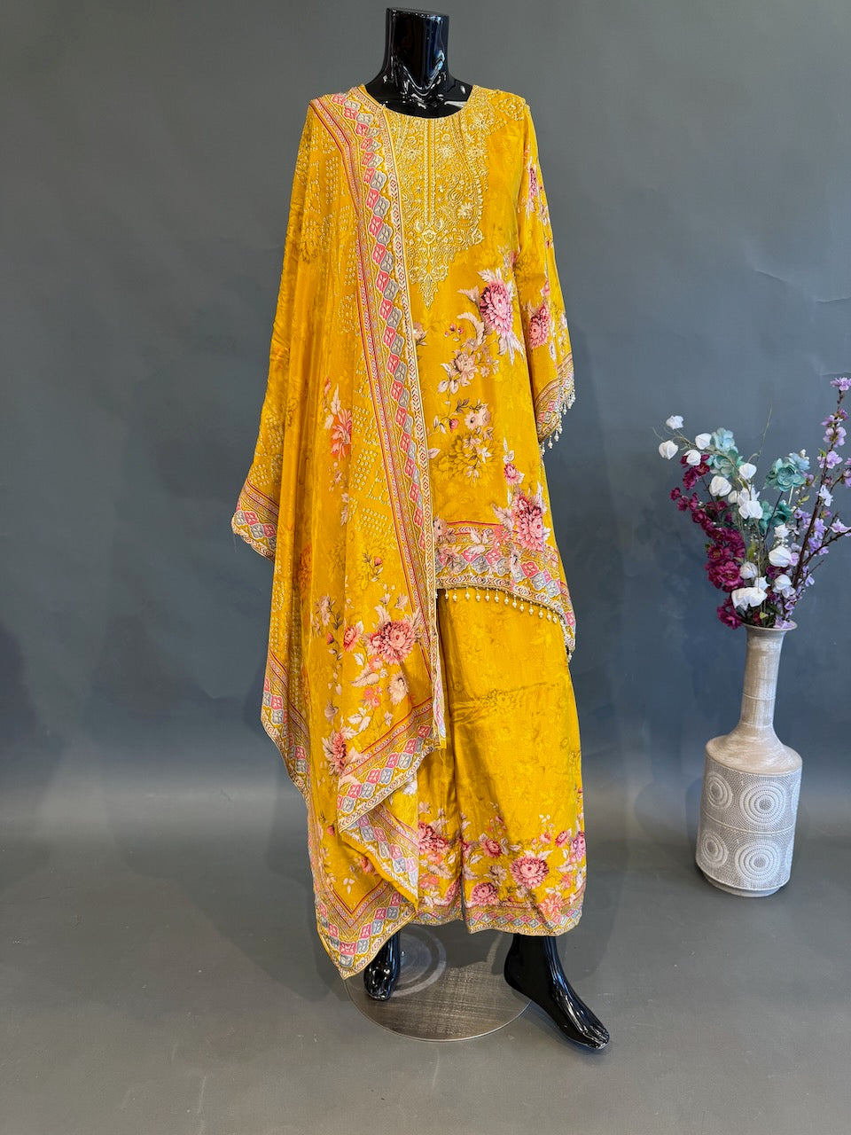 Mustard Yellow Floral Print Bead Embroidered Sharara Set
