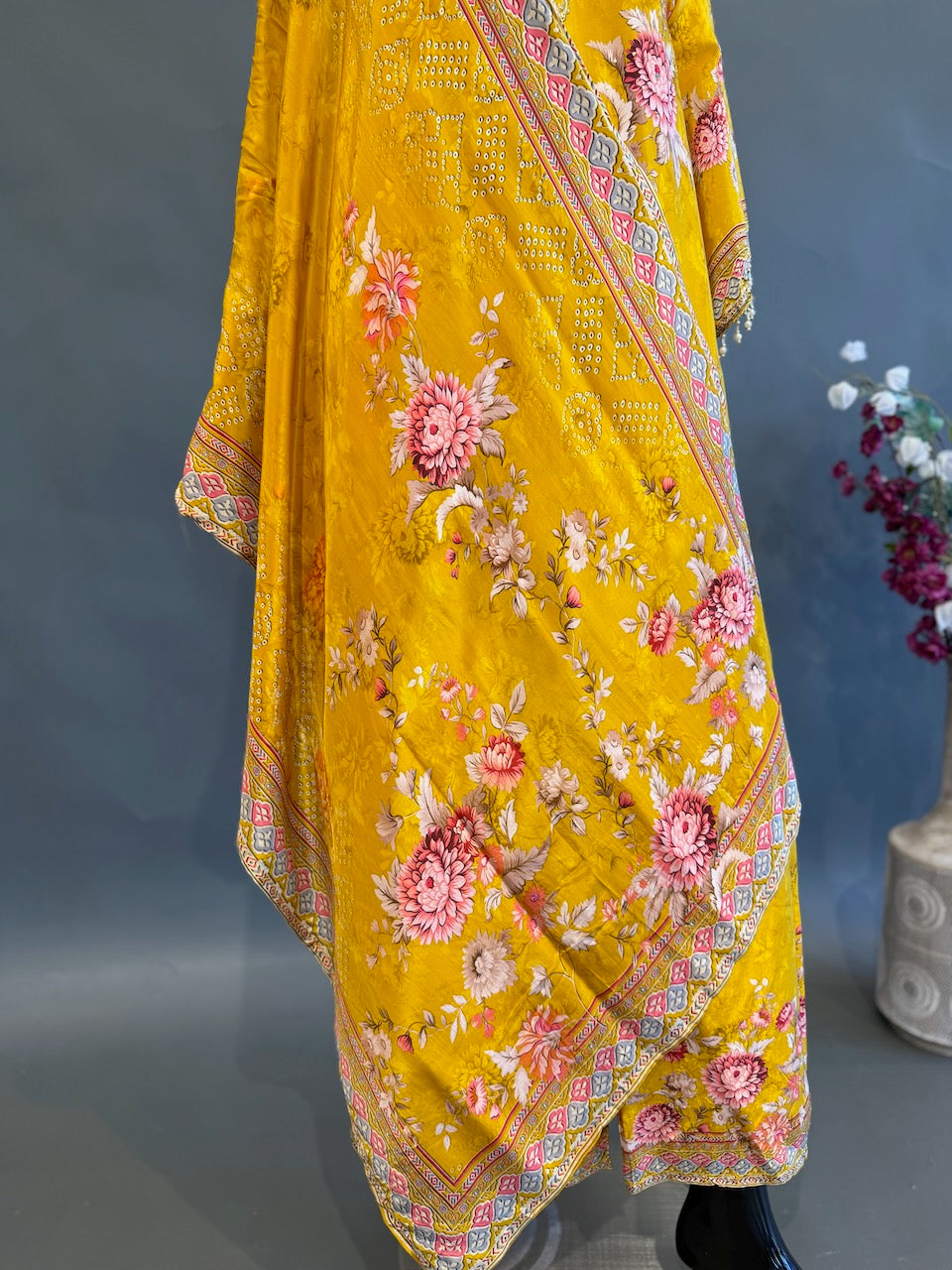 Mustard Yellow Floral Print Bead Embroidered Sharara Set