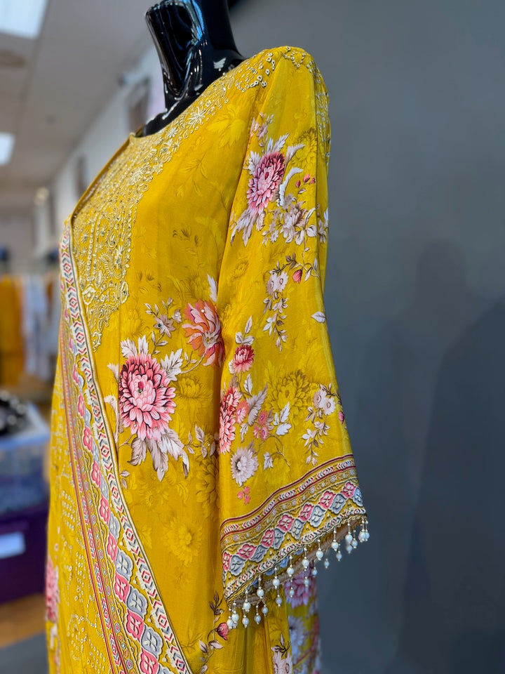 Mustard Yellow Floral Print Bead Embroidered Sharara Set