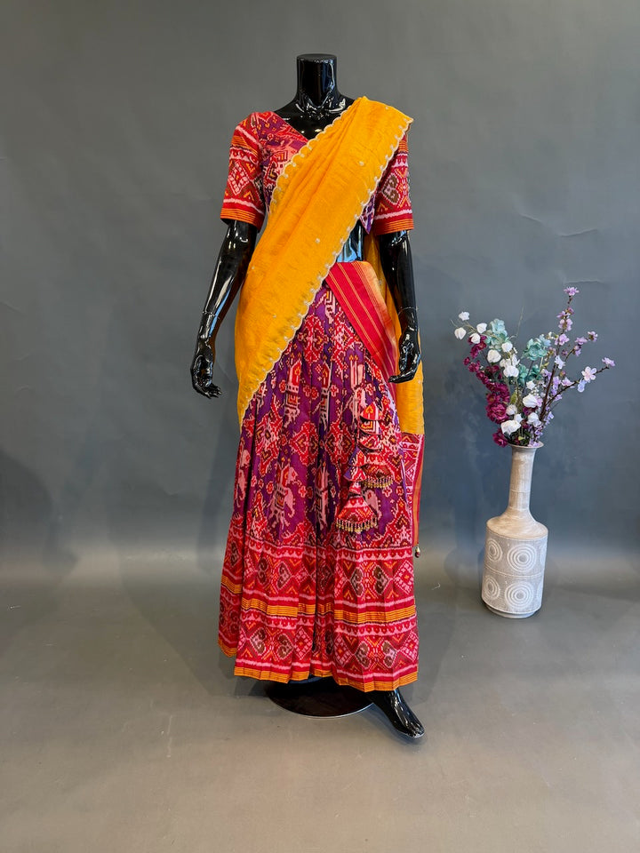 Purple &amp; Mustard Traditional Half Saree Set