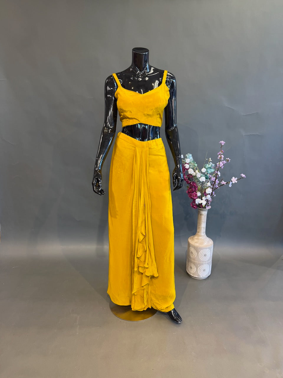 Mustard Yellow Floral Jacket Fusion Draped Skirt Set
