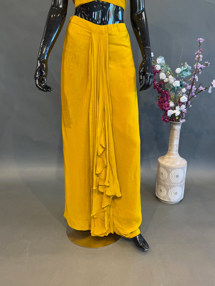 Mustard Yellow Floral Jacket Fusion Draped Skirt Set