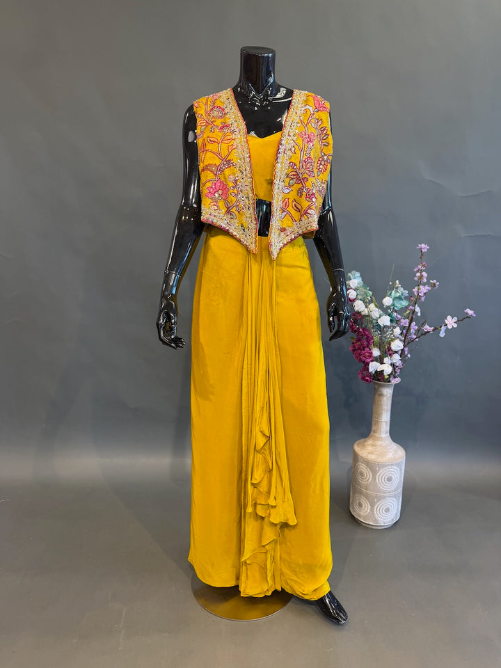 Mustard Yellow Floral Jacket Fusion Draped Skirt Set