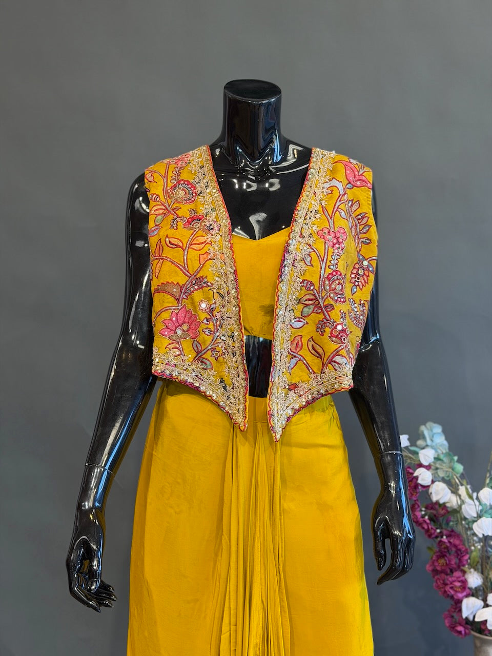 Mustard Yellow Floral Jacket Fusion Draped Skirt Set