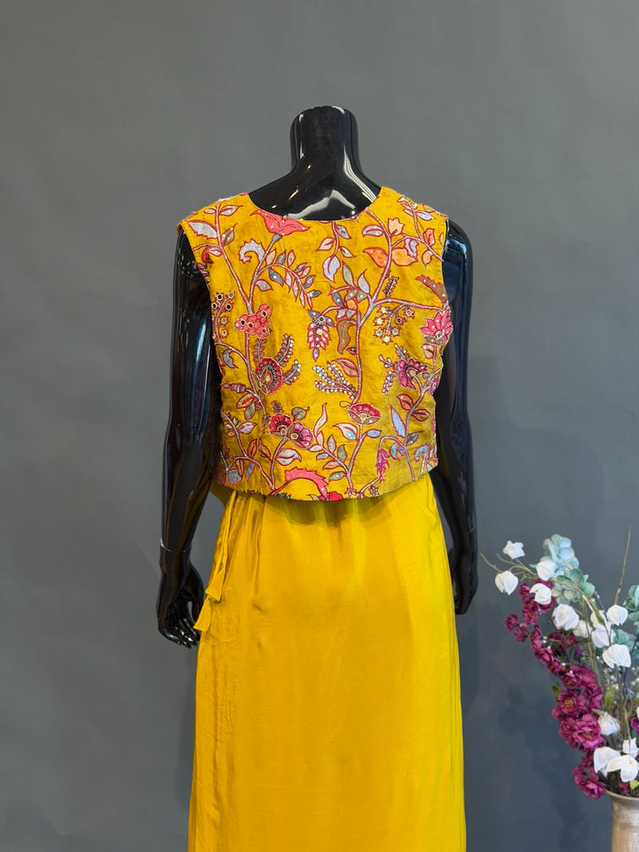 Mustard Yellow Floral Jacket Fusion Draped Skirt Set