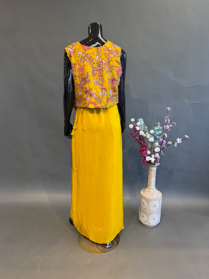 Mustard Yellow Floral Jacket Fusion Draped Skirt Set