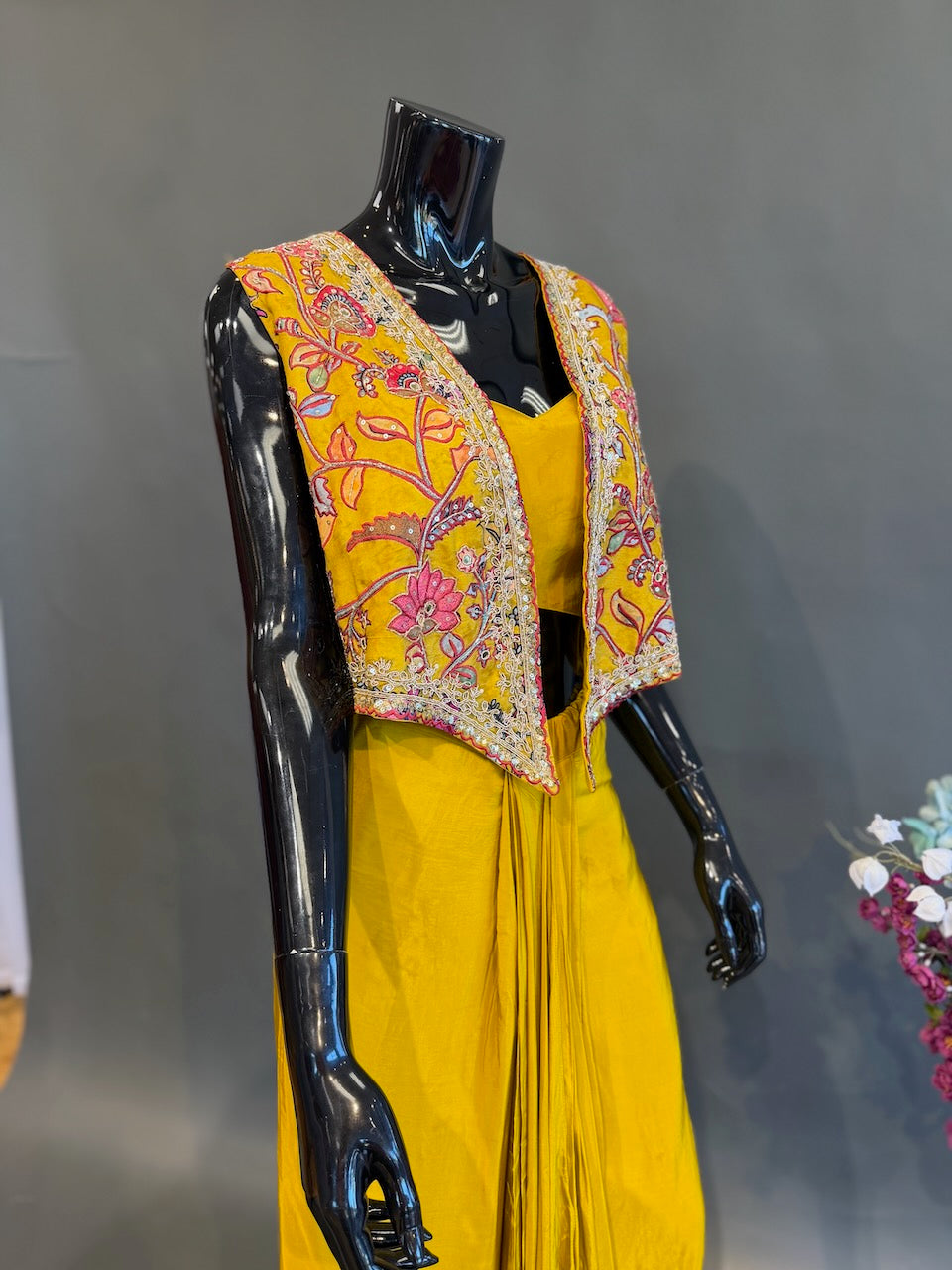 Mustard Yellow Floral Jacket Fusion Draped Skirt Set