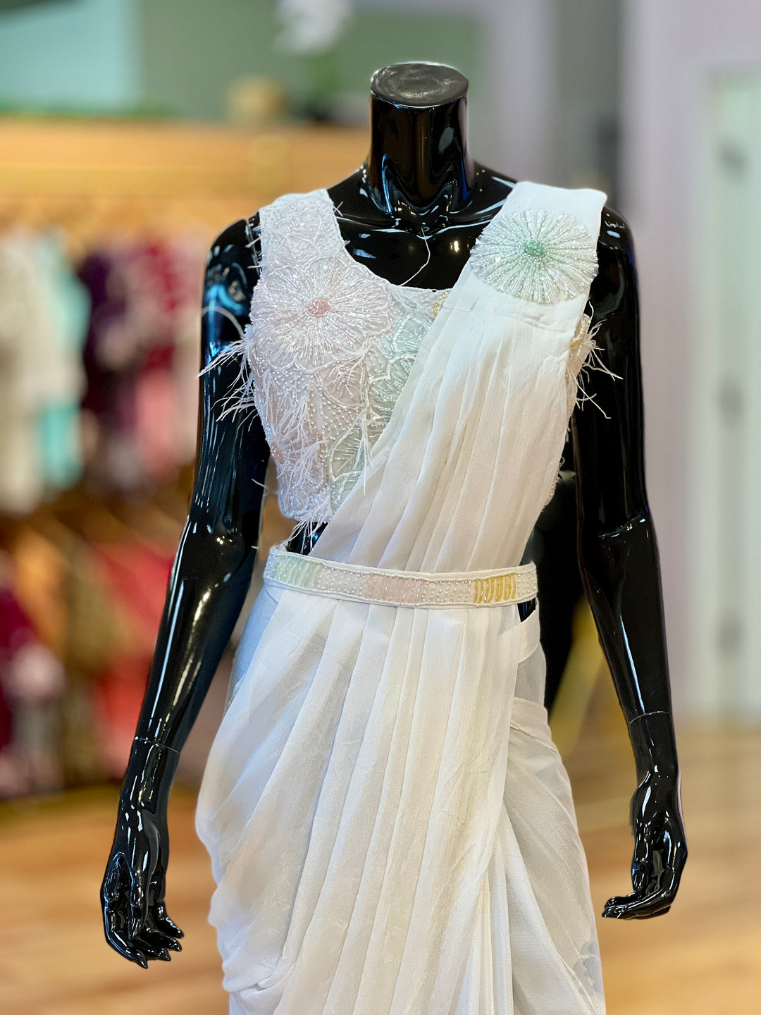 White Wrap-around Draped-style Ready-to-wear Saree with Hand-Embroidered blouse and Belt