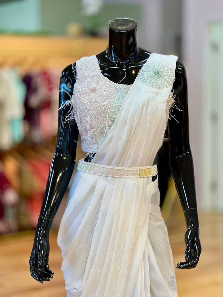 White Wrap-around Draped-style Ready-to-wear Saree with Hand-Embroidered blouse and Belt