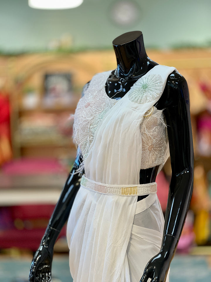 White Wrap-around Draped-style Ready-to-wear Saree with Hand-Embroidered blouse and Belt