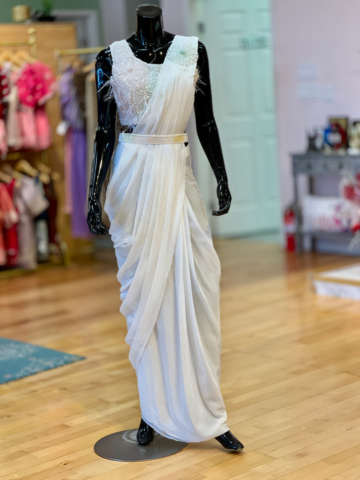 White Wrap-around Draped-style Ready-to-wear Saree with Hand-Embroidered blouse and Belt