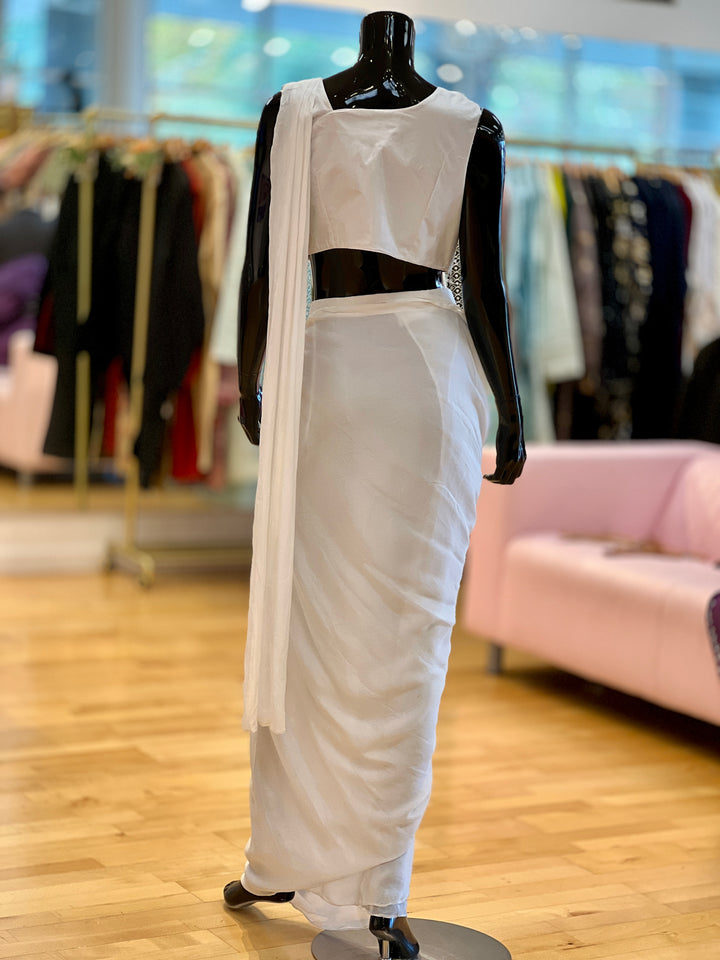 White Wrap-around Draped-style Ready-to-wear Saree with Hand-Embroidered blouse and Belt