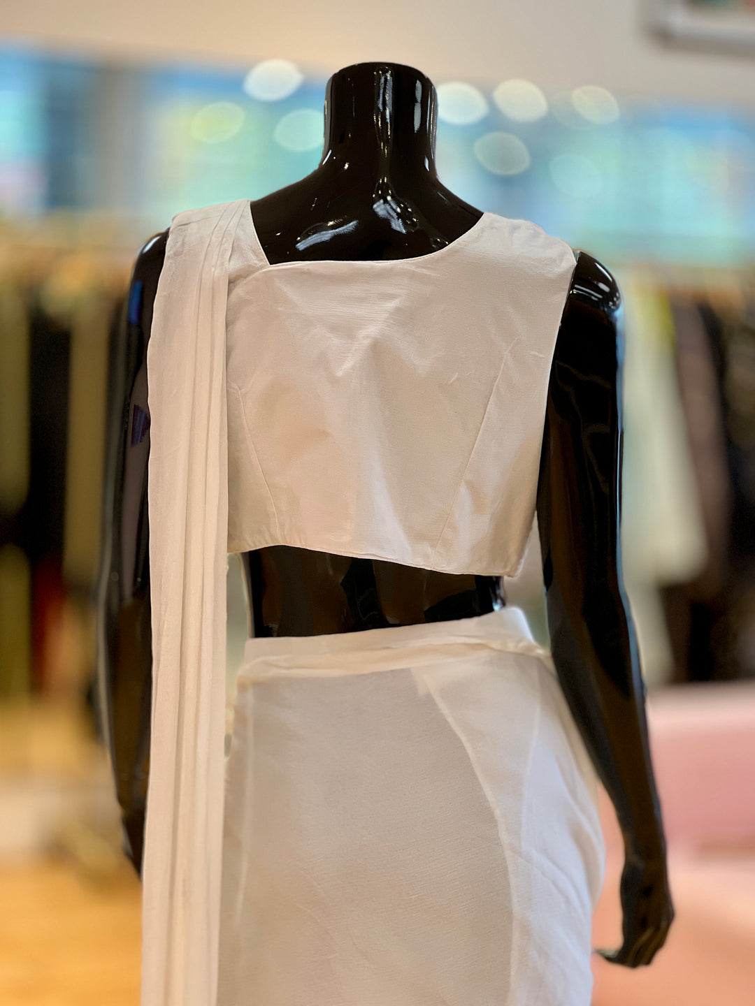 White Wrap-around Draped-style Ready-to-wear Saree with Hand-Embroidered blouse and Belt