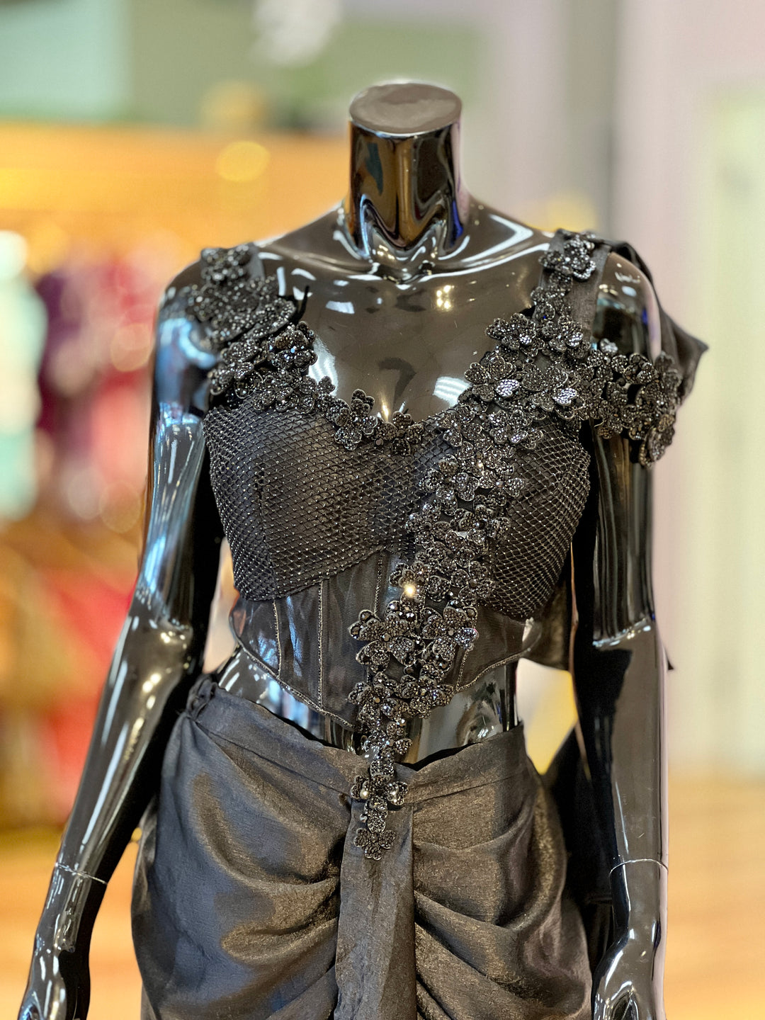 Black Draped-skirt Saree with Embroidered Corset-Blouse and Ruffled-Pallu