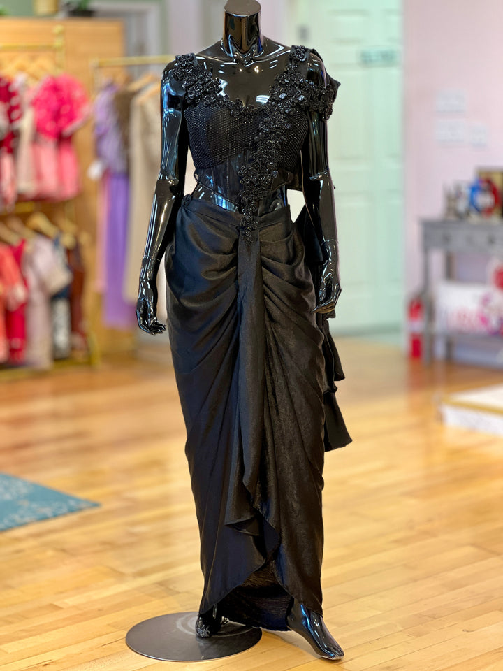 Black Draped-skirt Saree with Embroidered Corset-Blouse and Ruffled-Pallu