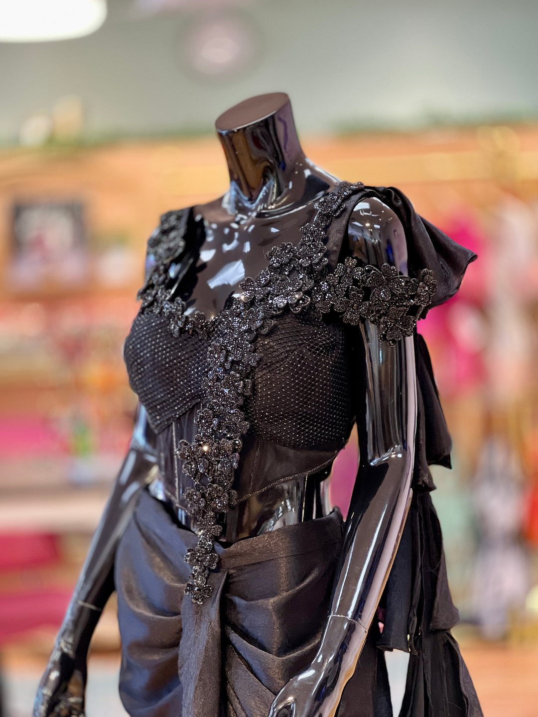 Black Draped-skirt Saree with Embroidered Corset-Blouse and Ruffled-Pallu