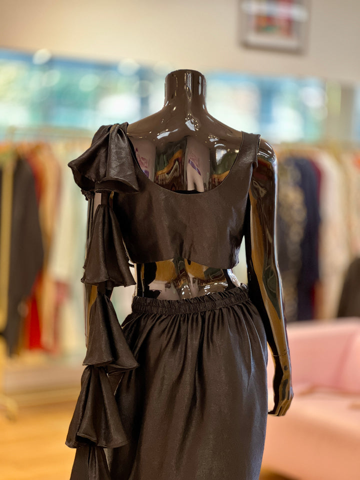 Black Draped-skirt Saree with Embroidered Corset-Blouse and Ruffled-Pallu