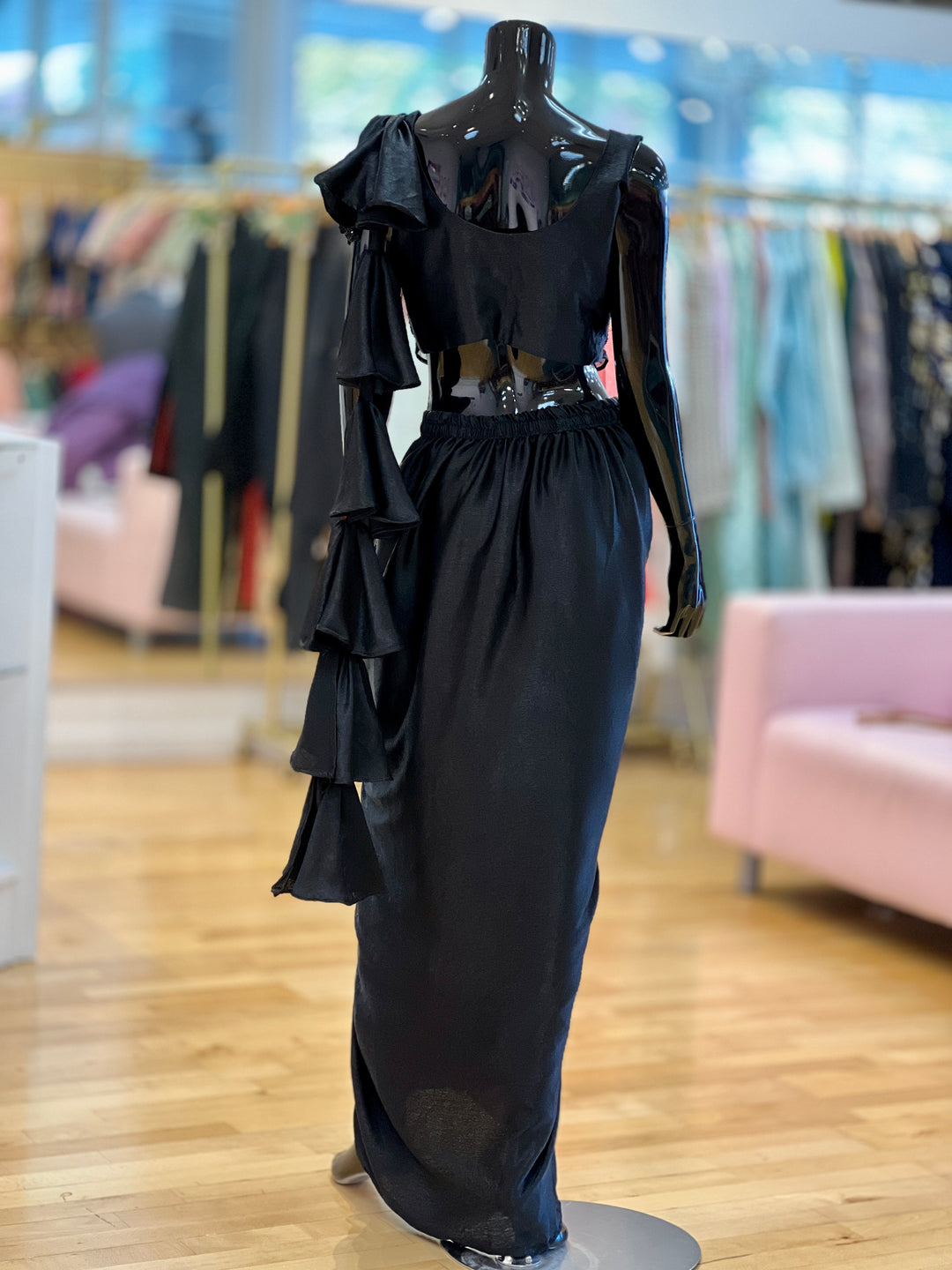 Black Draped-skirt Saree with Embroidered Corset-Blouse and Ruffled-Pallu