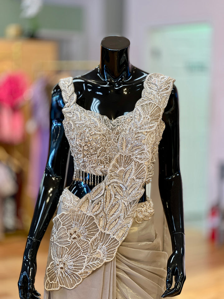 Light Gold Skirt-style draped Ready-to-wear Saree with Embroidered Blouse and Pallu