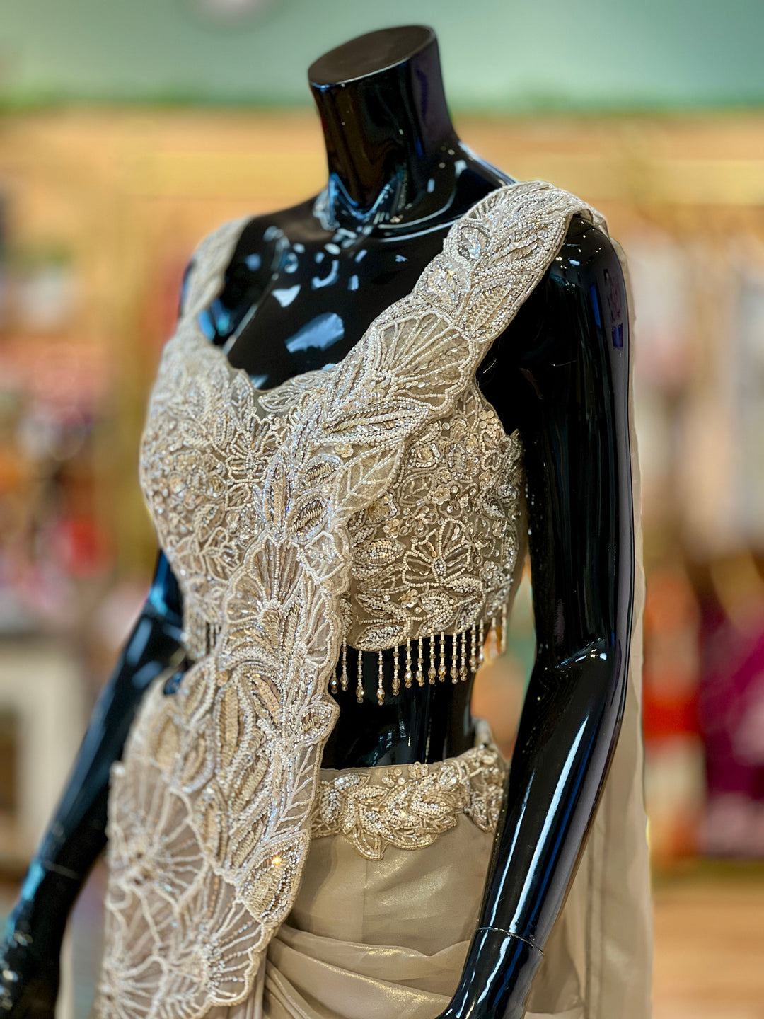 Light Gold Skirt-style draped Ready-to-wear Saree with Embroidered Blouse and Pallu