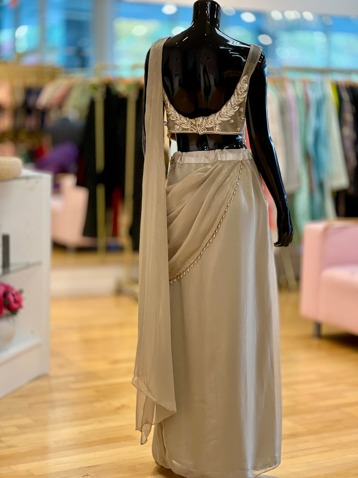 Light Gold Skirt-style draped Ready-to-wear Saree with Embroidered Blouse and Pallu