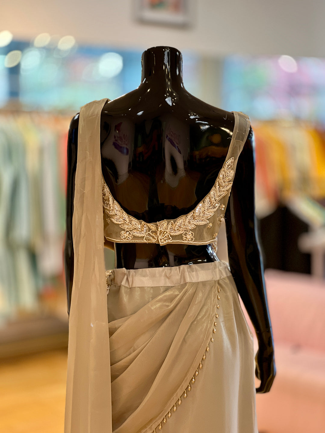 Light Gold Skirt-style draped Ready-to-wear Saree with Embroidered Blouse and Pallu