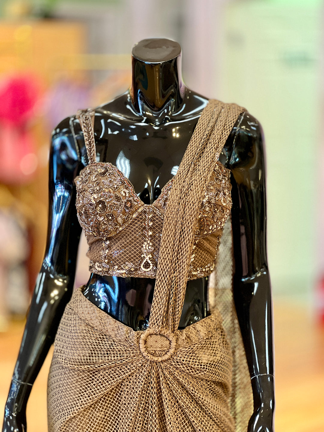 Olive-Brown Draped skirt-style Ready-wear Saree with Embroidered blouse