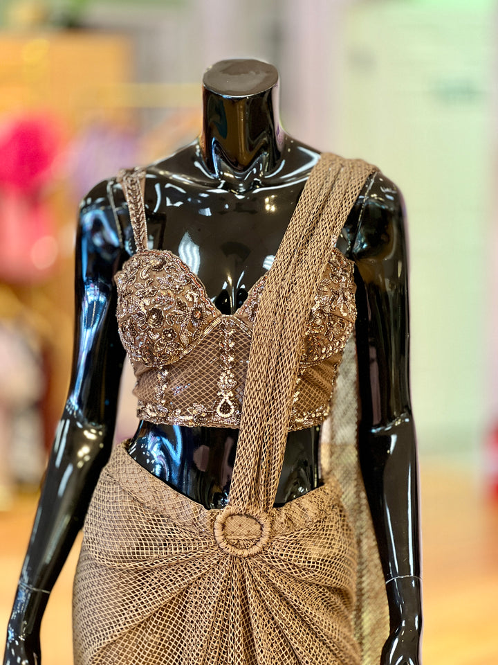 Olive-Brown Draped skirt-style Ready-wear Saree with Embroidered blouse